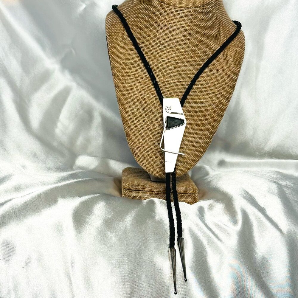 Vintage Sterling Silver Bolo Tie Artistic Design w/ Black Onyx & Braided Leather